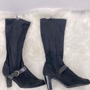 Predictions | black suede buckle stretchy boots 3” heel ,tall under knee…